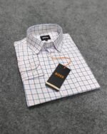 Premium Full Sleeve Formal Shirt for Men(White Blue Pink Windowpane Check) - Image 2